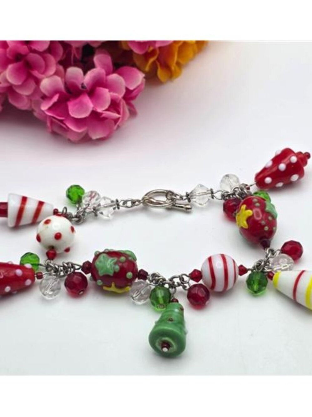 Colorful Lampwork Glass Christmas Charm Bracelet 7" Silver Tone Toggle Clasp